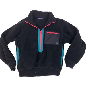 Vintage Patagonia Black Pink Neon Half Zip Fleece Pullover Womens 10 USA 5104